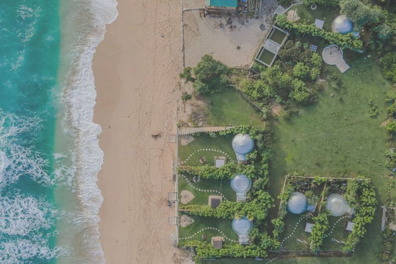 Aerial view of a green coastline